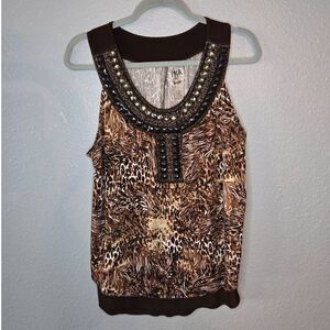 Rock 47 Wrangler Women's Brown Animal Print Jeweled Sleeveless Top Size Large